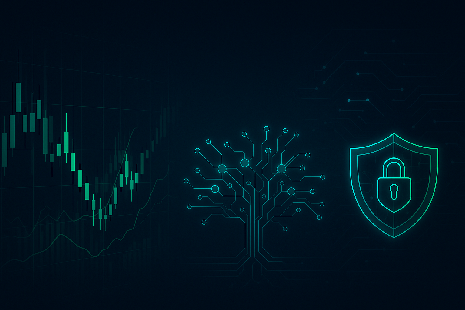Futuristic digital illustration of AI-powered trading and fraud detection with glowing financial graphs, neural network patterns, and cybersecurity shield — representing RudrayamX as an advanced fintech SaaS platform.